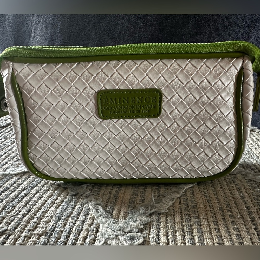 Eminence Organic Skin Care Cosmetic Travel Bag - White Green Trim w/Bamboo Zip